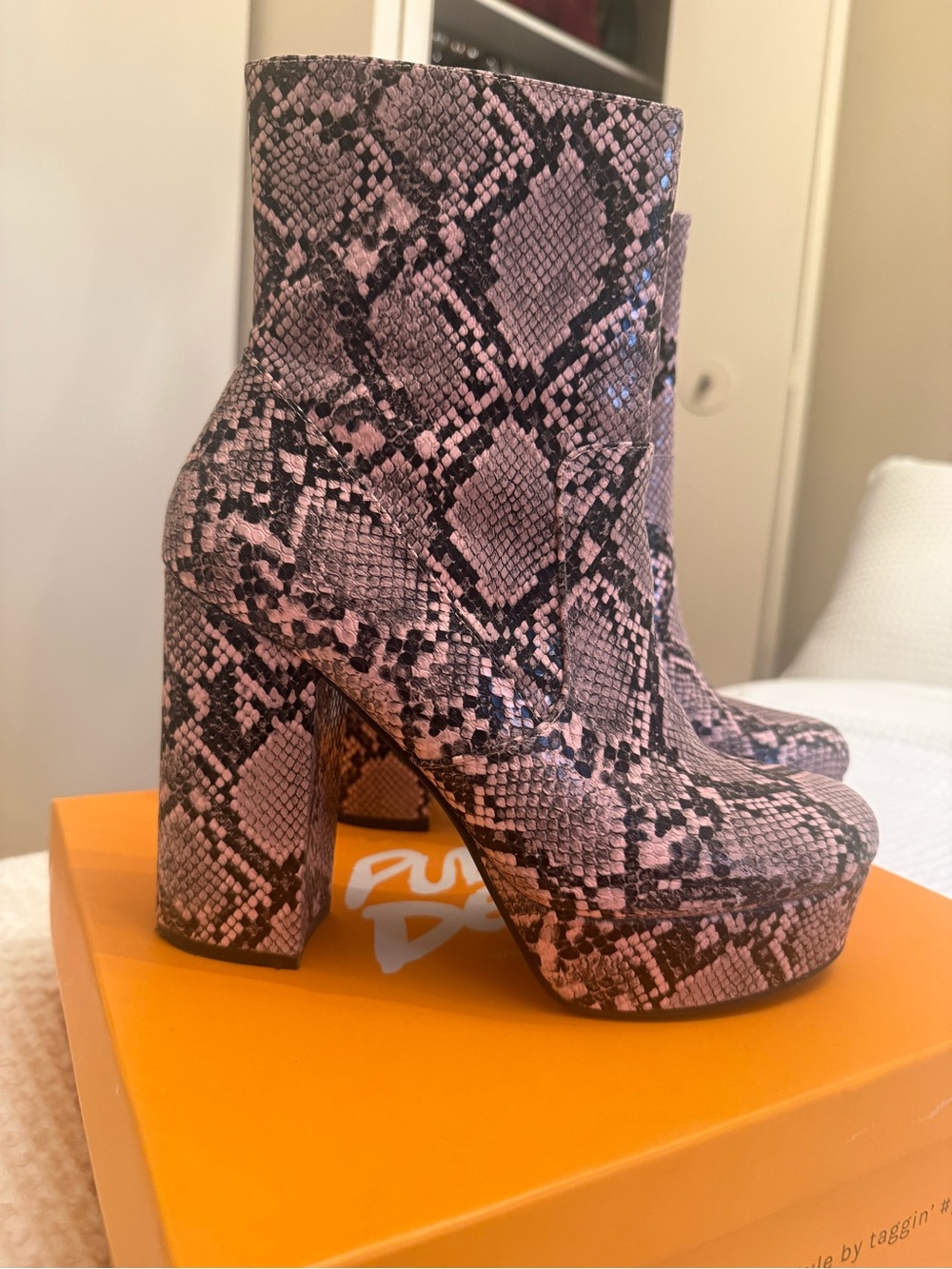 Public Desire Pink Snake-Print Platform Ankle Boots